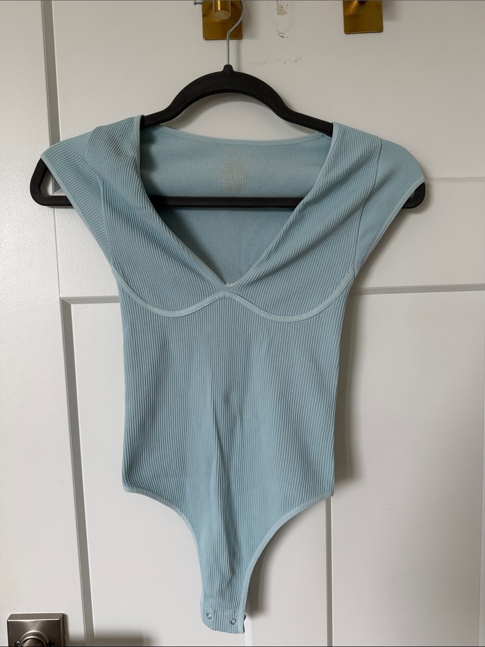 Intimately Free People Ribbed V-Neck Thong Bodysuit in Light Blue